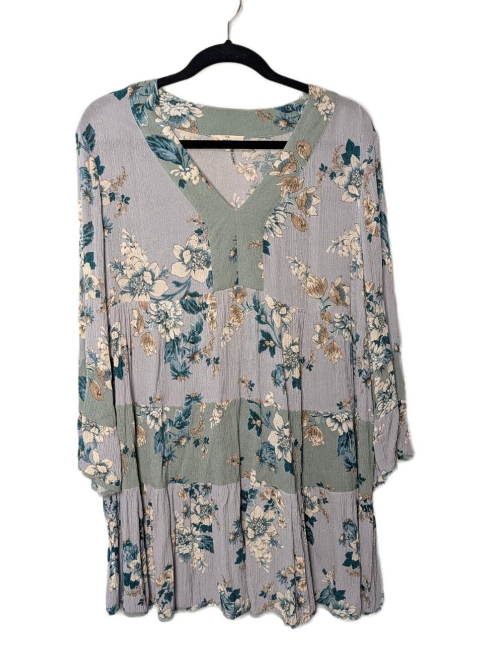 Entro Tiered Floral Flowy Mini Dress Rayon Blue Green Boho Casual Large
